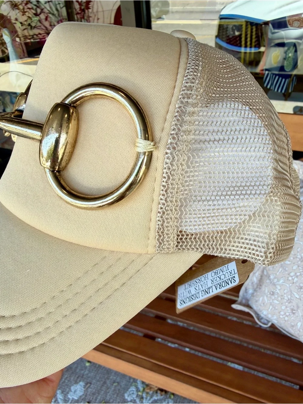 Cream Trucker Cap w/Large Gold Snaffle Bit Accent